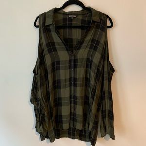 Express Olive and Black Cold Shoulder Flannel Top